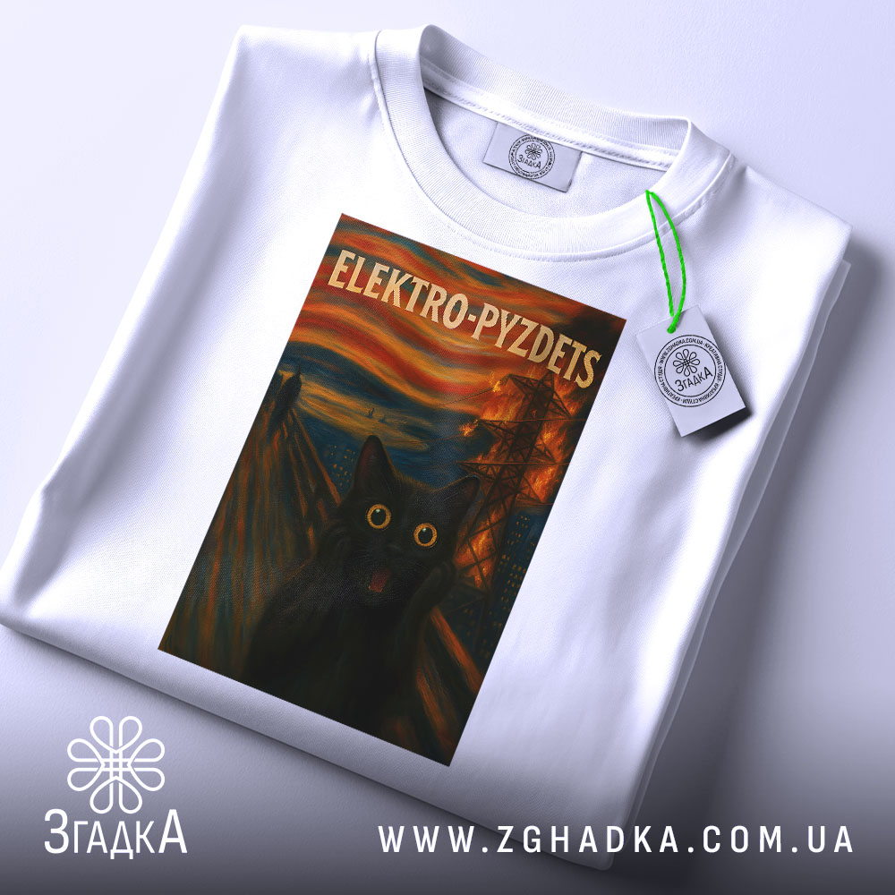 Футболка електро крик кіт білого кольору, зображена зверху на столі, фон світлий, принт з чорним котом з великими жовтими очима на фоні абстрактного пейзажу, на комірці видна етикетка.