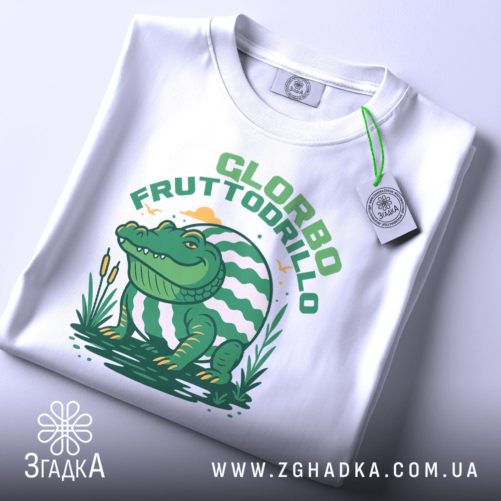 Футболка Glorbo Fruttodrillo білого кольору, зображена в горизонтальному положенні, фон світлий, принт з зеленим крокодилом, що сидить на воді, з елементами природи, на комірці видно етикетку з зеленим шнурком.