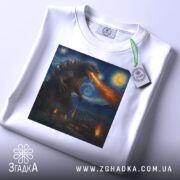 Футболка Ґодзілла Ван Гог, біла футболка, складена на столі, фон світло-сірий, принт з Ґодзіллою, що дихає вогнем, з етикеткою на комірці.