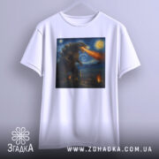 Футболка Ґодзілла Ван Гог, біла футболка, підвішена на вішалці, фон світло-сірий, принт з Ґодзіллою, що дихає вогнем на місто під зоряним небом.