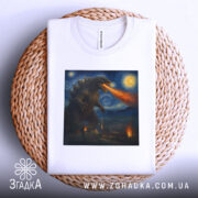 Футболка Ґодзілла Ван Гог, біла футболка, складена на плетеному кошику, фон світло-сірий, принт з Ґодзіллою, що дихає вогнем на місто під зоряним небом.