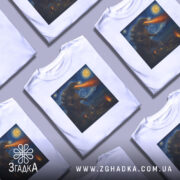 Футболка Ґодзілла Ван Гог, біла футболка, зображена на манекені, фон світло-сірий, принт з Ґодзіллою, що дихає вогнем на місто під зоряним небом.