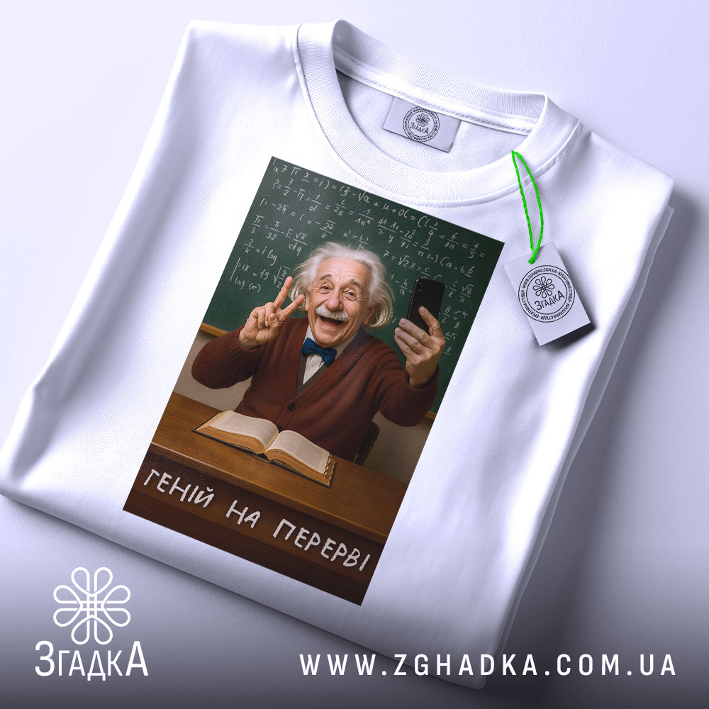 Футболка геній на перерві. Біла футболка, на якій зображений усміхнений чоловік з сивим волоссям, що тримає телефон і показує знак миру. Принт розташований на грудях, а на фоні видно зелену дошку з формулами. Текст на футболці: 'ГЕНІЙ НА ПЕРЕРВІ'.