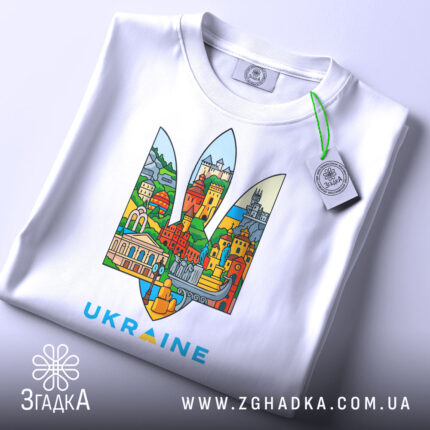 Футболка герб Україна, біла, складена на столі, фон світло-сірий, принт містить кольорові зображення українських архітектурних пам'яток у формі тризуба, текст 'UKRAINE' виконаний у блакитному кольорі, на футболці є етикетка з зеленим шнурком.