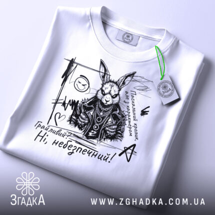 Футболка грайливий небезпечний, білого кольору, зображена зверху, на складеній футболці, фон світло-сірий, принт з чорним малюнком зайця в шкіряному жакеті з написом 'Грайливий? Ні, небезпечний!', з зеленим ярликом.