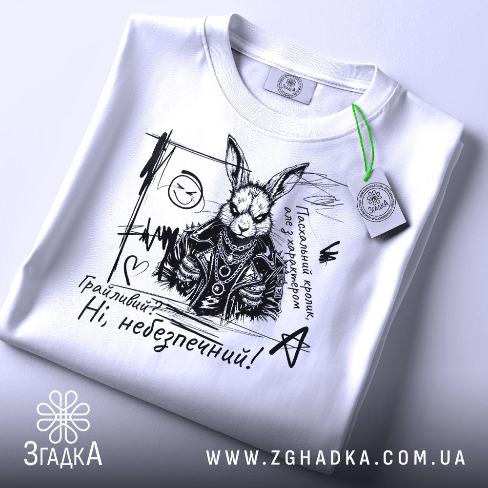 Футболка грайливий небезпечний, білого кольору, зображена зверху, на складеній футболці, фон світло-сірий, принт з чорним малюнком зайця в шкіряному жакеті з написом 'Грайливий? Ні, небезпечний!', з зеленим ярликом.
