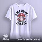 Футболка гриб споретастік білого кольору, підвішена на вішалці, зображена з фронтального ракурсу, фон світлий, принт з грибом та написом 'STAY SPORE-TASTIC' яскравий і кольоровий.