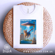 Футболка гумор НЛО, біла, складена на плетеній кошику, фон нейтральний, принт з котом, що летить під космічним кораблем, яскраві кольори, деталі фону включають текстуру кошика.