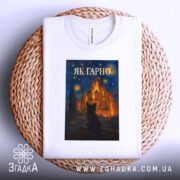 Футболка як гарно білого кольору, складена на плетеній кошику, з принтом, що зображає чорного кота на фоні яскравого пейзажу, знімок зроблений зверху.