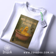 Футболка ідеальний ранок, біла, зображена зверху, фон світлий, принт з жовтою качкою у ванні, текст 'МІЙ ІДЕАЛЬНИЙ РАНОК', на комірці видна етикетка.