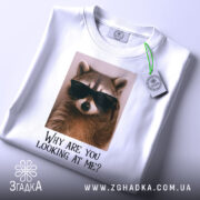 Футболка єнот гумор, біла, складена на столі, фон світлий, принт з єнотом у темних окулярах та текстом 'Why are you looking at me?', з етикеткою на комірці.