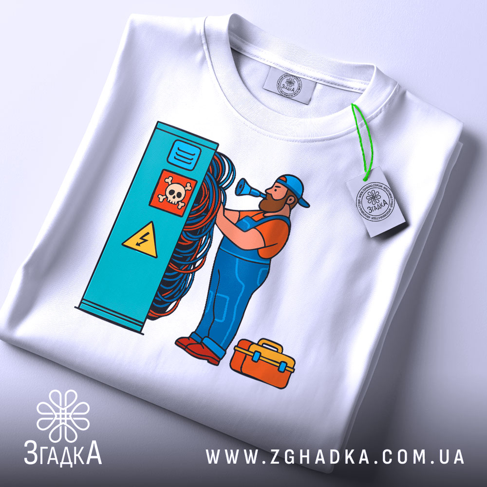 Футболка інженер електрик, біла, зображення зверху, фон світло-сірий, принт з чоловіком у синьому комбінезоні, який працює з електричними проводами, на футболці є етикетка з зеленим шнурком.