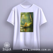 Футболка каченя у лісі, біла, підвішена на вішалці, з принтом каченя, фон з зеленими деревами та м'яким освітленням.
