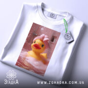 Футболка качка релакс, біла, зображення качки в рожевій ванні з піною, качка в рушнику на голові, етикетка на рукаві, фон з рожевими плитками.