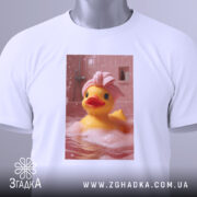 Футболка качка релакс, біла, зображення качки в рожевій ванні з піною, качка в рушнику на голові, етикетка на рукаві, фон з рожевими плитками.