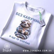 Футболка кавучіно злочіно, біла, складена на столі, фон світлий, принт з ведмедем-ленивцем у піжамі, який тримає чашку, текст зверху і знизу синього кольору, на комірці видна етикетка.