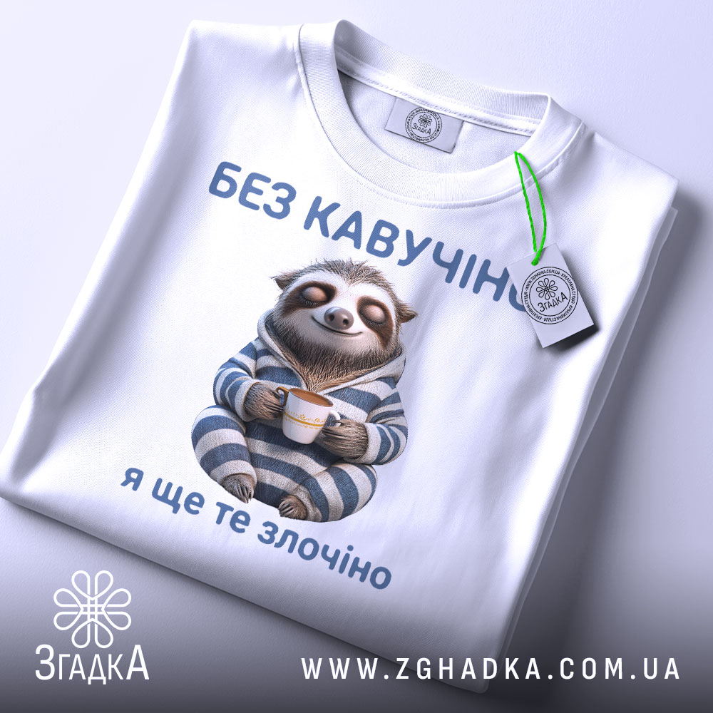 Футболка кавучіно злочіно, біла, складена на столі, фон світлий, принт з ведмедем-ленивцем у піжамі, який тримає чашку, текст зверху і знизу синього кольору, на комірці видна етикетка.