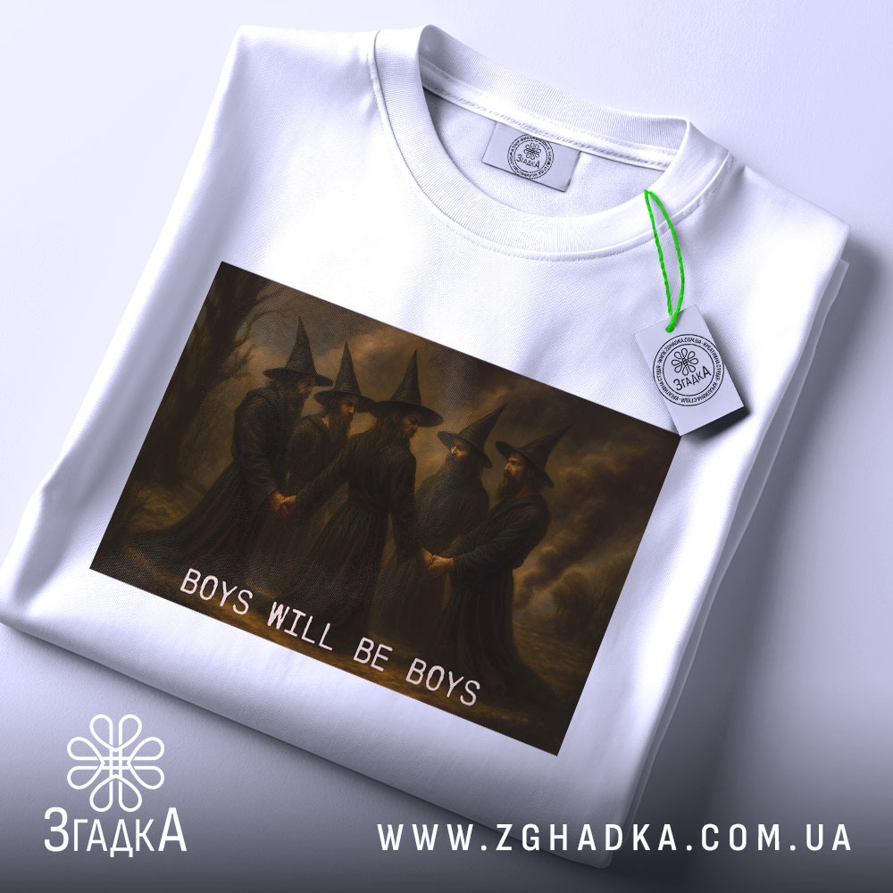 Футболка хлопці магія, біла, складена на столі, фон світлий, принт з чотирма чоловіками в чорних мантіях та капелюхах, текст 'BOYS WILL BE BOYS' під малюнком, на комірці є етикетка.