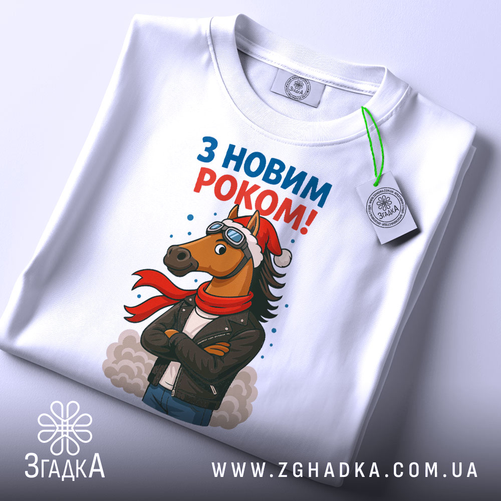 Футболка кінь з новим роком, біла, складена на поверхні, фон світло-сірий, принт з кінем у шапці та шарфі, напис 'З НОВИМ РОКОМ!' у верхній частині, на футболці є етикетка.