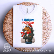 Футболка кінь з новим роком, біла, складена на плетеній кошику, фон світло-сірий, принт з кінем у шапці та шарфі, напис 'З НОВИМ РОКОМ!' у верхній частині.