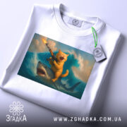 Футболка кіт на акулі, біла, складена, зображення кота з автоматом на акулі на фоні хвиль, яскраві кольори принта, вид зверху.