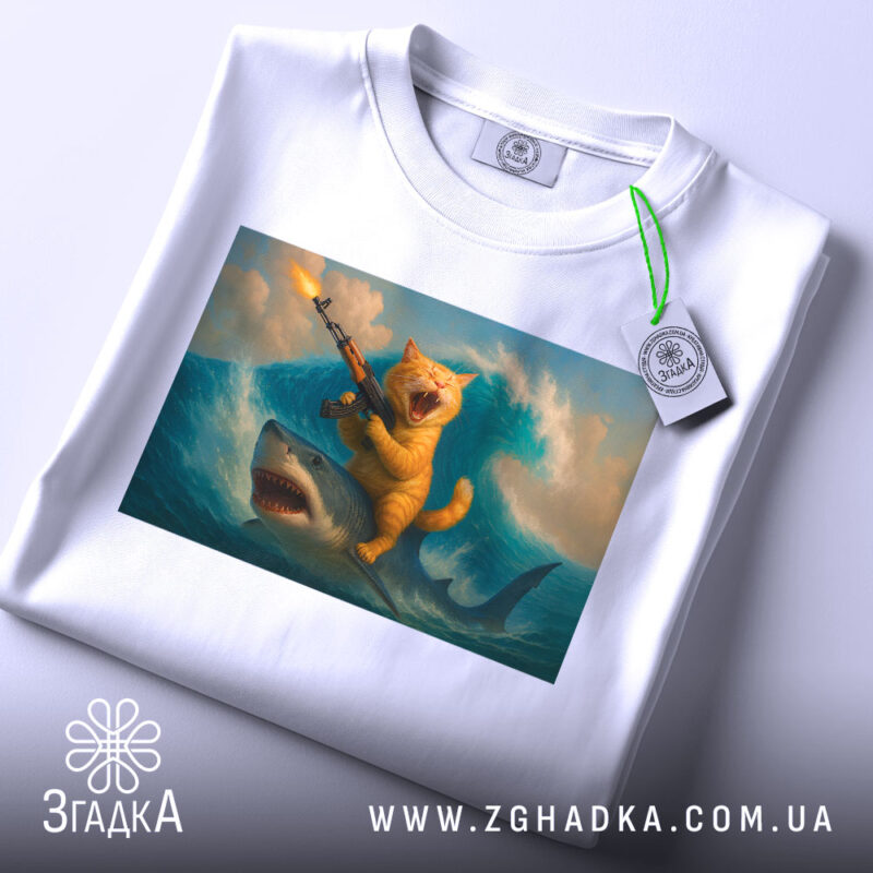 Футболка кіт на акулі, біла, складена, зображення кота з автоматом на акулі на фоні хвиль, яскраві кольори принта, вид зверху.