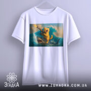 Футболка кіт на акулі, біла, підвішена на вішалці, зображення кота з автоматом на акулі на фоні хвиль, яскраві кольори принта, ракурс спереду.