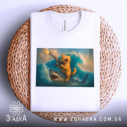 Футболка кіт на акулі, біла, складена на плетеній основі, зображення кота з автоматом на акулі на фоні хвиль, яскраві кольори принта, вид зверху.