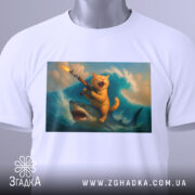 Футболка кіт на акулі, біла, складена, зображення кота з автоматом на акулі на фоні хвиль, яскраві кольори принта, вид зверху.