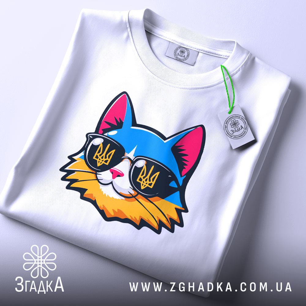 Футболка кіт патріот білого кольору, складена на поверхні, ракурс зверху, фон світло-сірий, принт з котом у сонцезахисних окулярах з жовто-блакитним гербом України, на комірці видна етикетка.