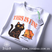 Футболка кіт this fine, складена біла футболка з принтом чорного кота, що сидить на фоні палаючого будинку, ракурс зверху, фон світлий, на футболці є етикетка з зеленим шнурком.