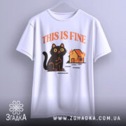 Футболка кіт this fine, біла футболка підвішена на вішалці, принт чорного кота на фоні палаючого будинку, ракурс спереду, фон світлий, текст 'THIS IS FINE' оранжевого кольору.