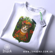 Футболка кіт у квітах, біла, зображена зверху, на столі, фон світло-сірий, принт з котом у квітковому вінку та птахами, прикріплена етикетка з зеленим шнурком.