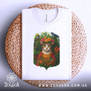 Футболка кіт у квітах, біла, складена на плетеному кошику, фон світло-сірий, принт з котом у квітковому вінку та птахами, котрий виглядає яскраво на фоні кошика.