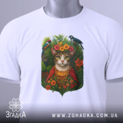 Футболка кіт у квітах, біла, зображена зверху, на столі, фон світло-сірий, принт з котом у квітковому вінку та птахами, прикріплена етикетка з зеленим шнурком.