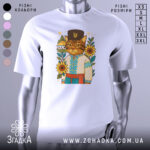 Футболка кіт у вишиванці, біла, зображена на манекені, фон світло-сірий, принт з котом у вишиванці з соняшниками та будинком на задньому плані.