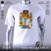 Футболка кіт у вишиванці, біла, зображена на манекені, фон світло-сірий, принт з котом у вишиванці з соняшниками та будинком на задньому плані.