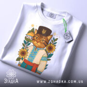 Футболка кіт у вишиванці, біла, складена на столі, фон світло-сірий, принт з котом у вишиванці, прикрашений соняшниками та будинком, з етикеткою на шнурку.