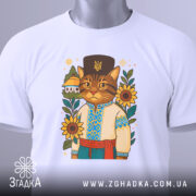 Футболка кіт у вишиванці, біла, складена на столі, фон світло-сірий, принт з котом у вишиванці, прикрашений соняшниками та будинком, з етикеткою на шнурку.