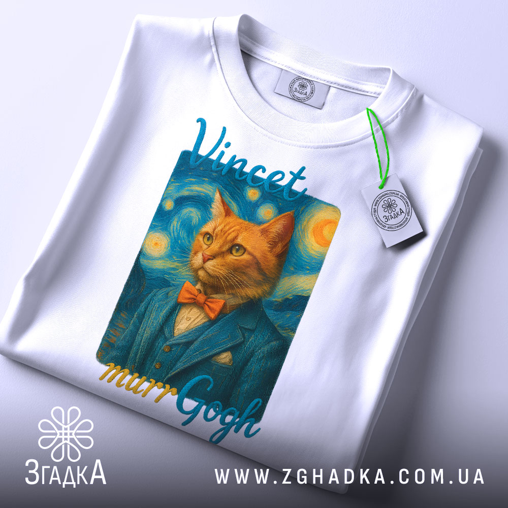 Футболка кіт Ван Гог білого кольору, складена на столі, фон світло-сірий, принт з котом у синьому костюмі та помаранчевому метелику, текст 'Vincent murrGogh' над принтом, на футболці підвісник з етикеткою.