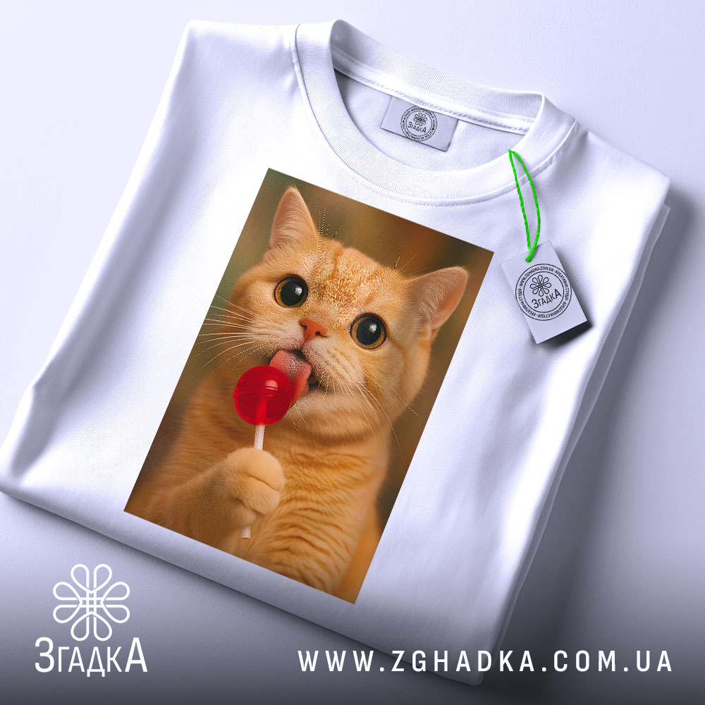 Футболка кіт з льодяником, біла, з верхнього ракурсу, на фоні світлого градієнту, принт з котом з червоним льодяником, на футболці є етикетка з зеленим шнурком.