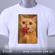 Футболка кіт з льодяником, біла, з верхнього ракурсу, на фоні світлого градієнту, принт з котом з червоним льодяником, на футболці є етикетка з зеленим шнурком.