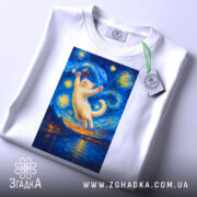 Футболка кіт з вином, біла, зображена зверху, фон світлий, принт з котом, що підстрибує з келихом, етикетка на рукаві.