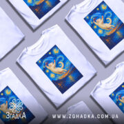 Футболка кіт з вином, біла, зображена в анфас, фон нейтральний, принт з котом, що тримає келих, на фоні зіркового неба.