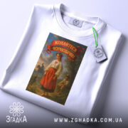 Футболка кохайтеся чорнобриві, білого кольору, з верхнього ракурсу, на фоні світлого градієнту, з принтом, що зображає жінку в традиційному українському вбранні, з етикеткою зеленого кольору.