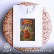 Футболка кохайтеся чорнобриві, білого кольору, з верхнього ракурсу, на фоні плетеного кошика, з принтом, що зображає жінку в традиційному українському вбранні, з написом на червоній стрічці.