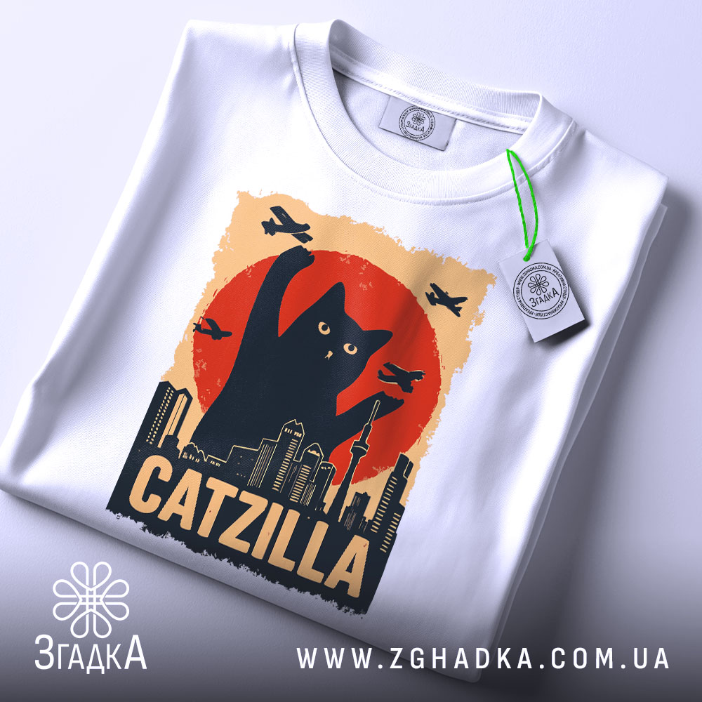 Футболка котяча монстр білого кольору, зображена зверху, на фоні світло-сірого, принт з чорним котом, що піднімає лапу на фоні червоного сонця, з зеленим ярликом.