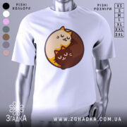 Футболка котячий інь-янь, біла, зображена на манекені з правого боку, фон світло-сірий, принт з двома котами, один кремового кольору, інший коричневий, обидва з закритими очима, виглядають спокійно.