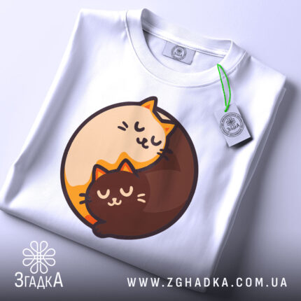 Футболка котячий інь-янь, біла, зображена зверху, на столі, фон світло-сірий, принт з двома котами, один кремового кольору, інший коричневий, обидва з закритими очима, на футболці є етикетка з зеленим шнурком.