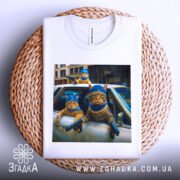 Футболка коти банда, біла футболка з принтом, ракурс зверху, фон плетений, на принті три коти в блакитних капелюшках, один з них тримає пістолет.